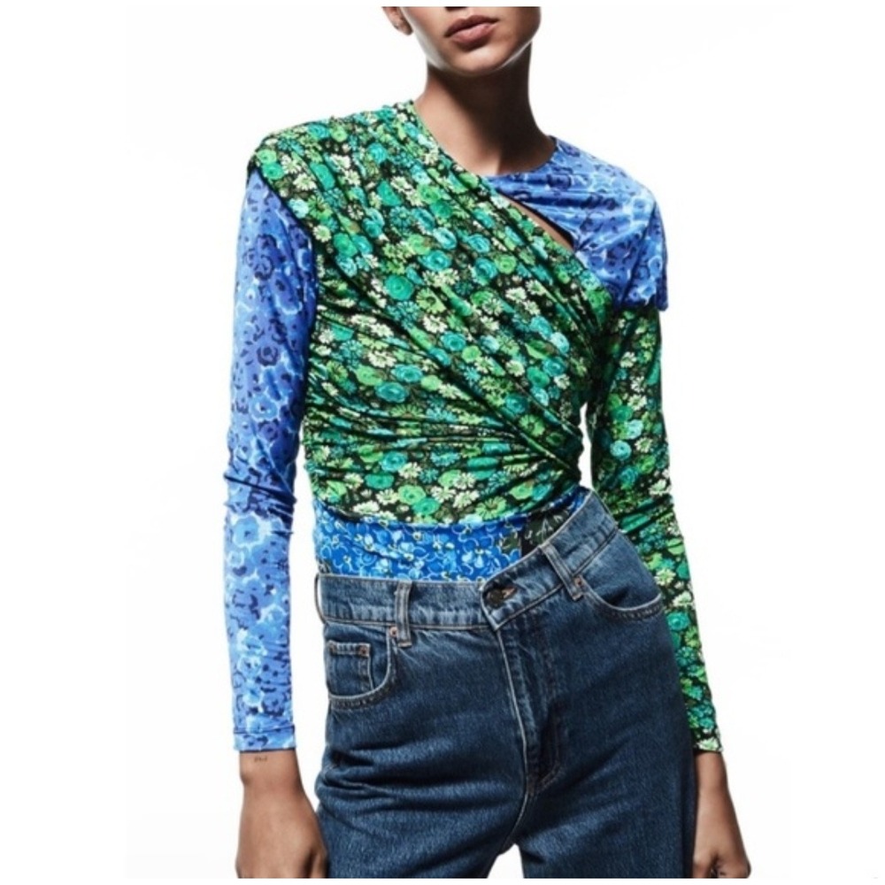 Zara Womens Ruched Patchwork Floral Leopard Print Long Sleeve Top Blue Green XS